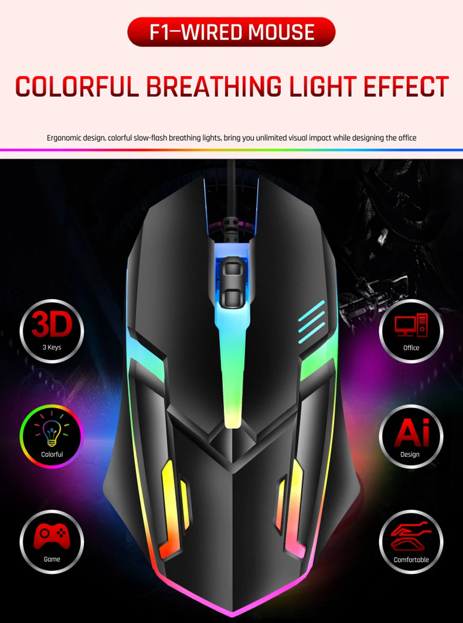 2026 hot F1 Wired 3-Button Mouse Colorful Lighting Game And Office Suitable For Microsoft Windows and Apple IOS system explosion