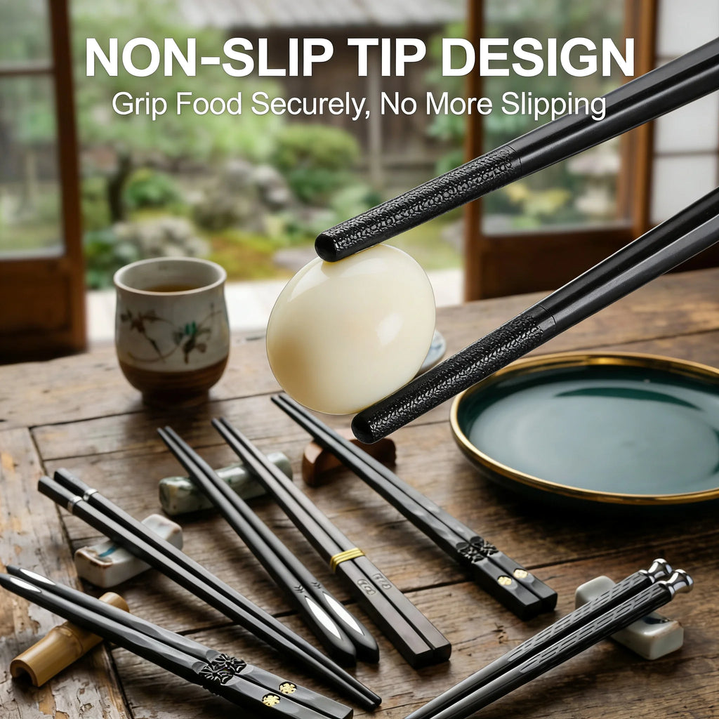 Black Alloy Chopsticks 5-Piece Set, Reusable Durable Kitchen Tableware