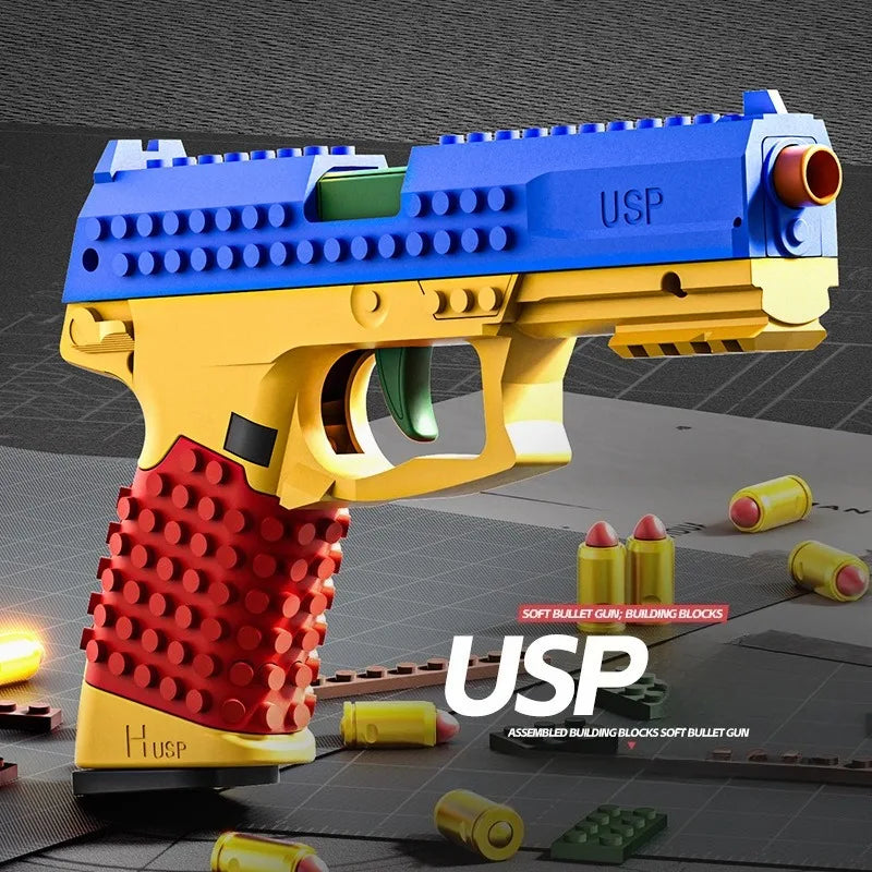 SIG17/USP Building Block Toy Gun Shell Throwing Continuous Firing Airsoft Blowback Empty Hanging Toy Pistol for Outdoor CS Game