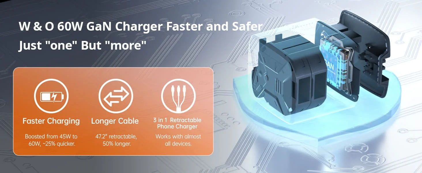 W & O 60W GAN Fast Charger for iPhone, Retractable Phone Charger Wall Plug with Type‑C & Compatible Lightning Cables, for iPhone 17/16/15, Galaxy S25/24, Android Devices