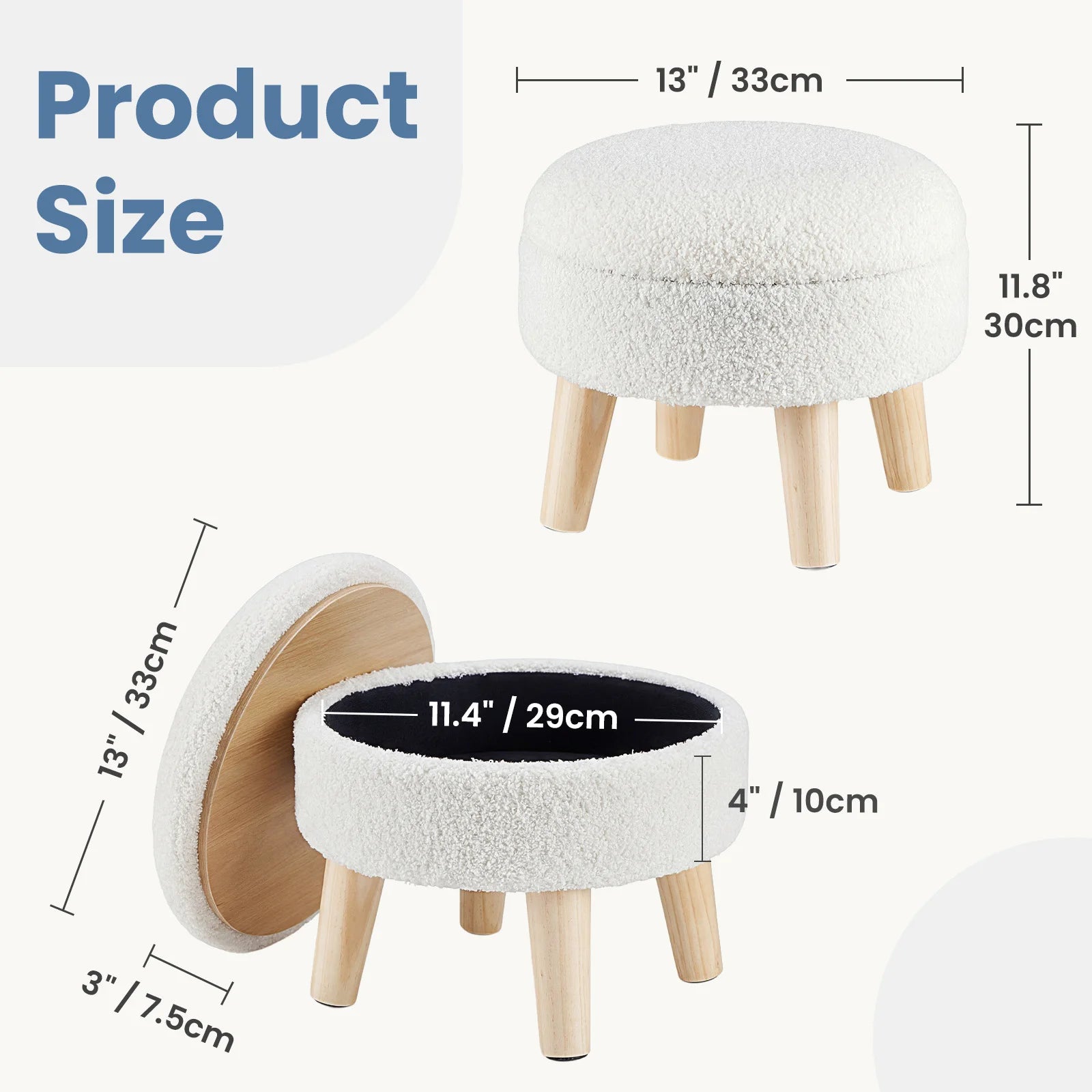 JHK Round Storage Ottoman Stool Teddy Velvet Padded Seat Footstool with Hidden Storage Wood Legs for Living Room Bedroom