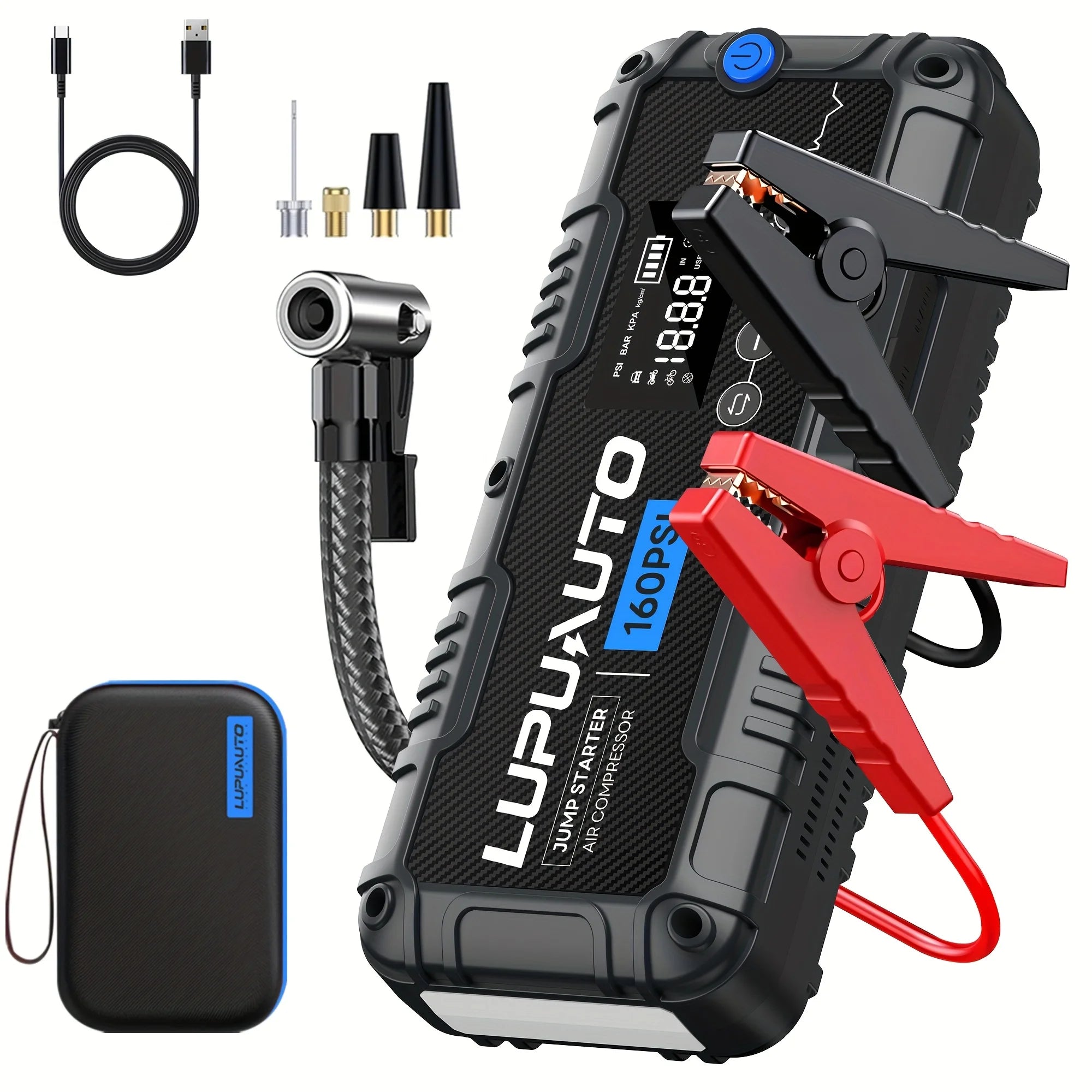 4 In 1 Car Jump Starter with LED Lighting 4000A Portable Car Battery Charger Power Bank Tire Inflator Pump 160PSI Air Compressor