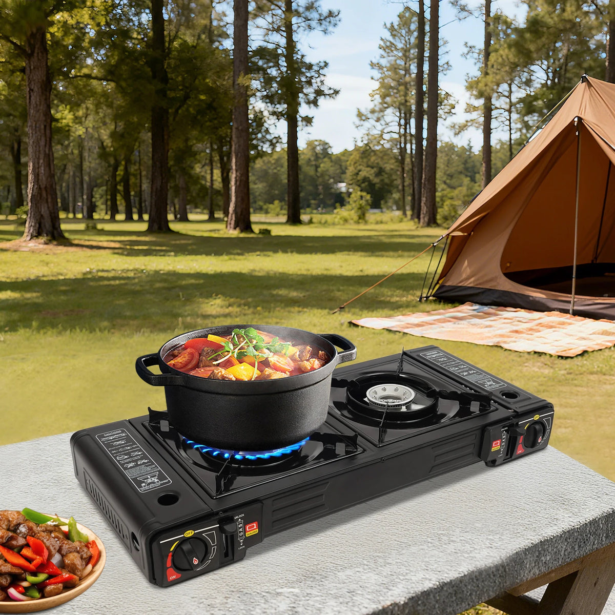 2 Burners Portable Camping Stove, 2.5KW Auto Ignition Butane/LPG Gas Stove w/Baking Tray+Carrying Case for RV Outdoor Picnic BBQ
