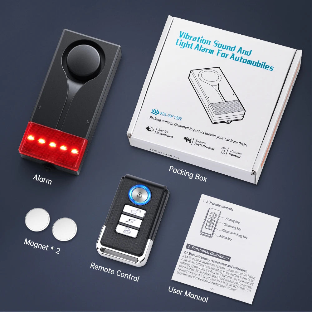 Wireless Car Vibration Burglar Alarm With Light 108dB Loud Car Door And Window Anti Theft Alarm Bike Motorcycle Security Alarm
