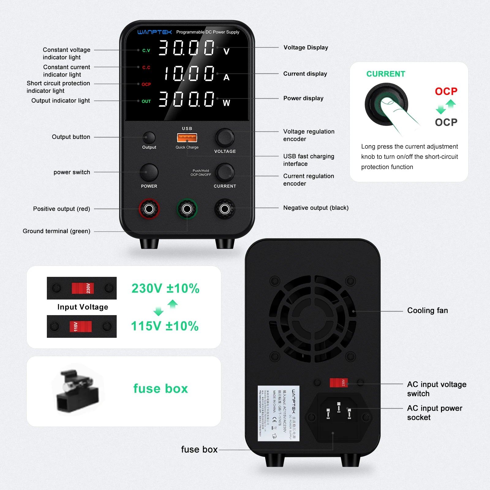 Wanptek Laboratory Power Supply 30V 5A 30V 10A 60V 5A 120V 3A Adjustable with USB fast Charging Bench DC Power Supply
