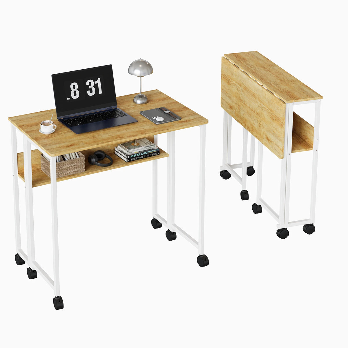 Compact 25" Folding Desk with Wheels Storage Shelf Foldable Computer Table for Small Spaces Home Office Dorm Sturdy Iron Frame Easy Assembly Natural Oak/White/Black