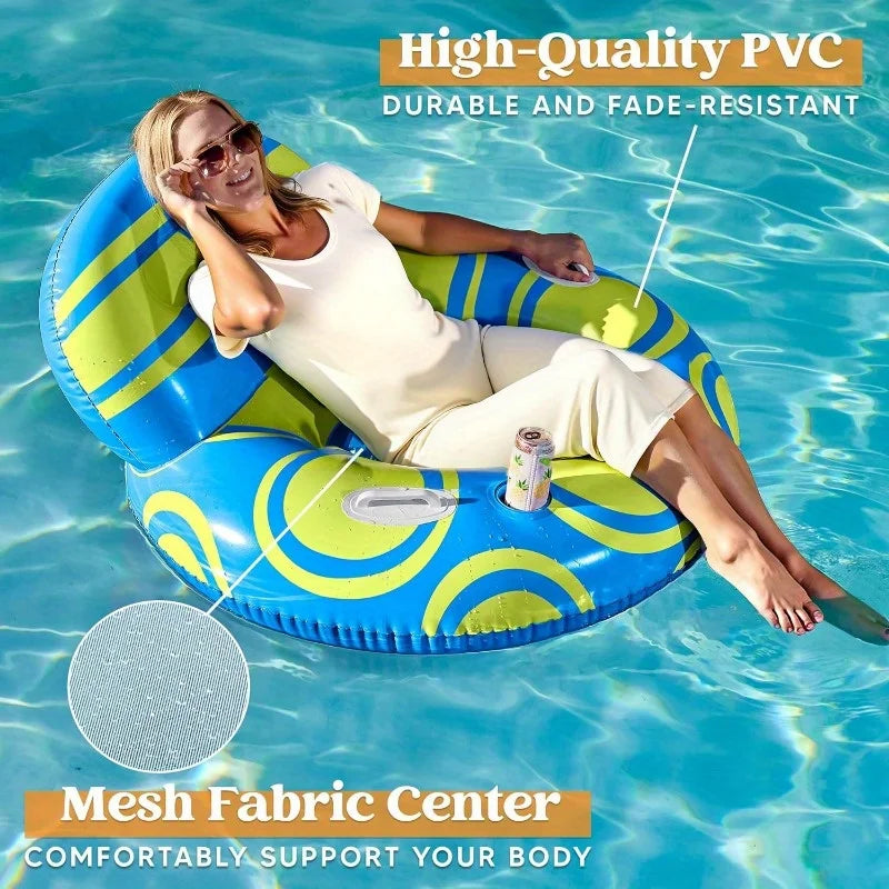 Joyfy Inflatable Pool Float Lounger River Tube Floating Chair Sofa with Big Backrest Handle Cup Holder Pool Summer Party Toys