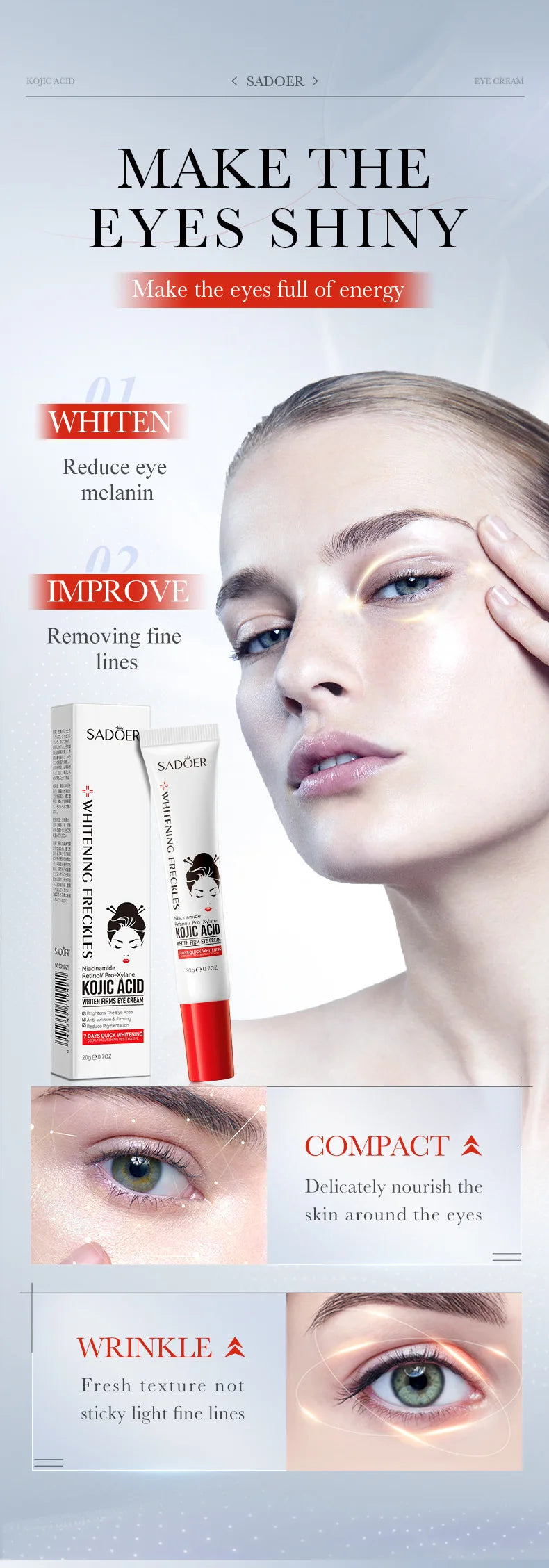 SADOER Kojic Acid Skin Care Sets Moisturizing Freckle Removing Face Cream Anti Dark Circles Eye Cream Travel Size Skin Care