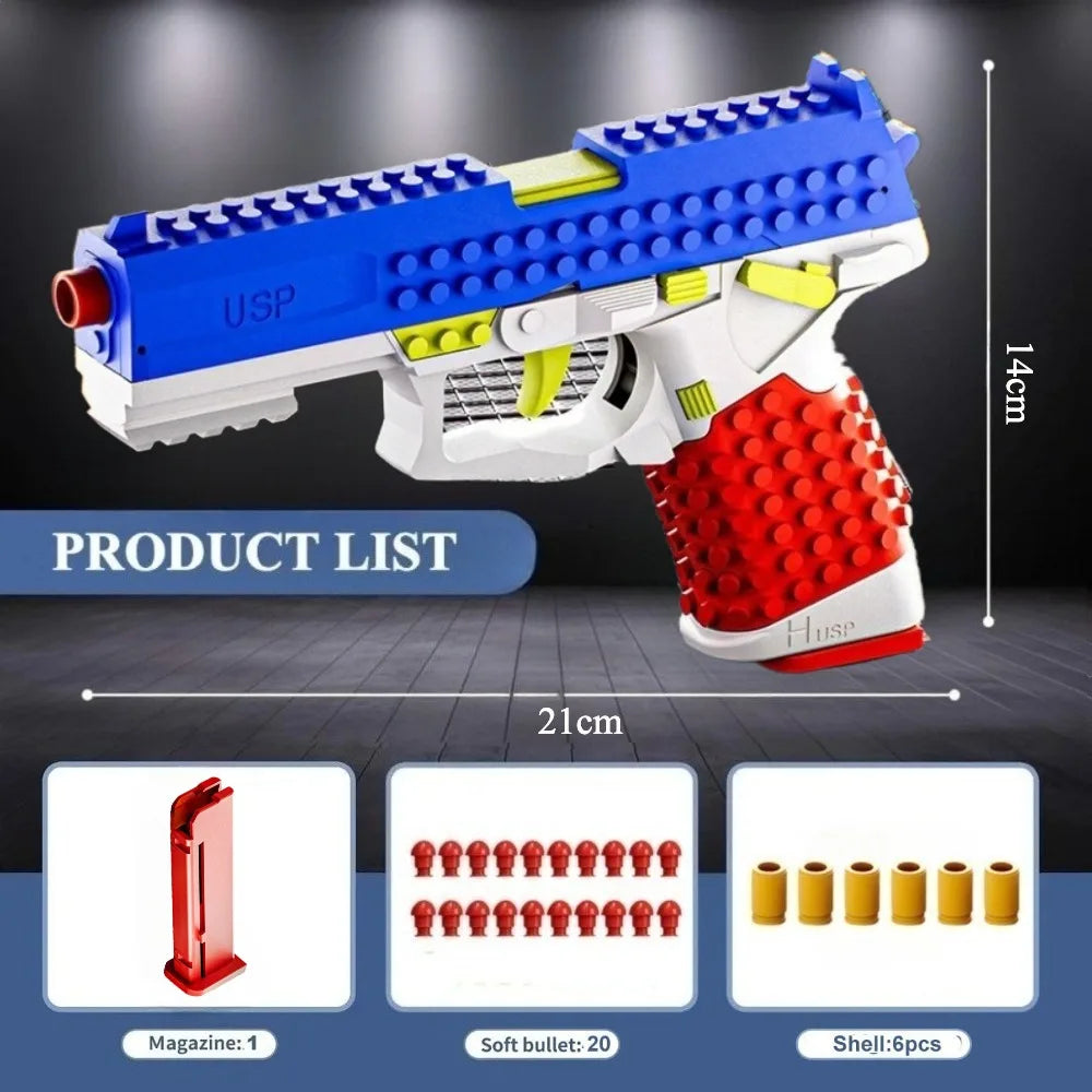 SIG17/USP Building Block Toy Gun Shell Throwing Continuous Firing Airsoft Blowback Empty Hanging Toy Pistol for Outdoor CS Game