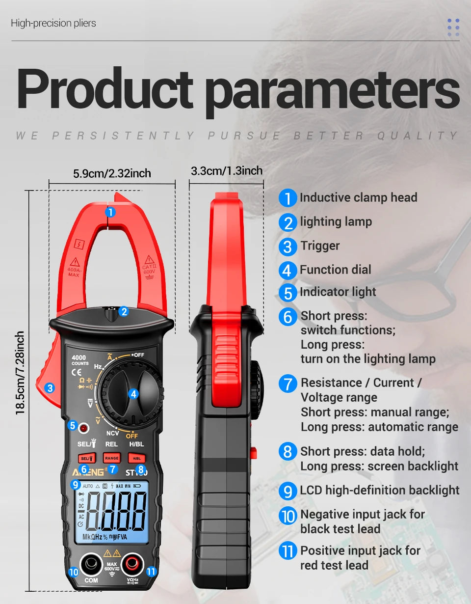 ANENG ST180 Digital Clamp Meter 4000 Counts Multimeter AC Current NCV Capacitance Resistance Frequency Tester Measurement Tool
