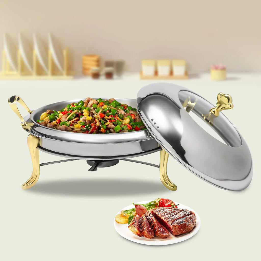 Round Gold Chafing Dish for Buffet 2.64QT Stainless Steel Food Warmer w/ Lid & Handle, Buffet Warmer Chafers  for Parties, Weddings, Catering