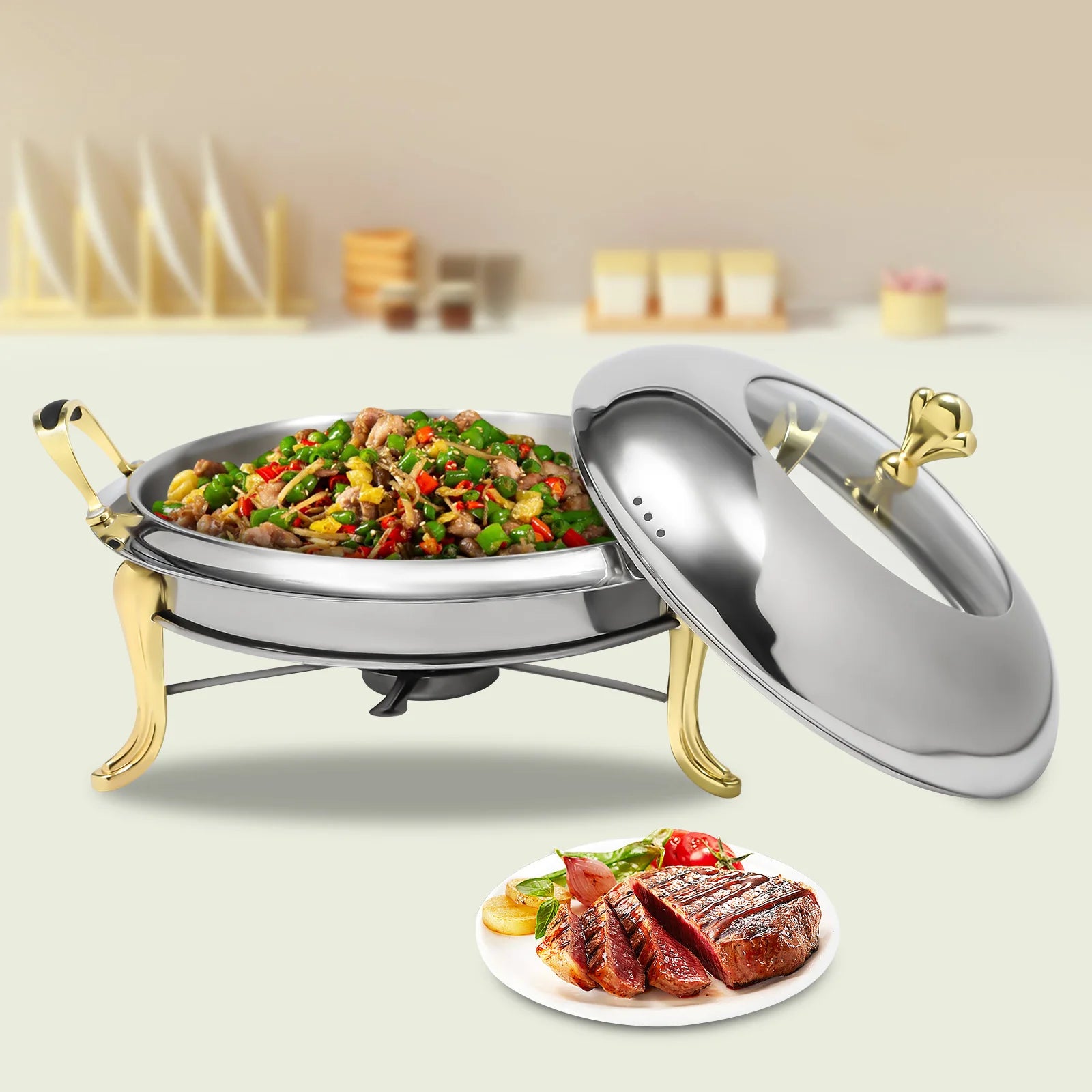 Round Gold Chafing Dish for Buffet 2.64QT Stainless Steel Food Warmer w/ Lid & Handle, Buffet Warmer Chafers  for Parties, Weddings, Catering
