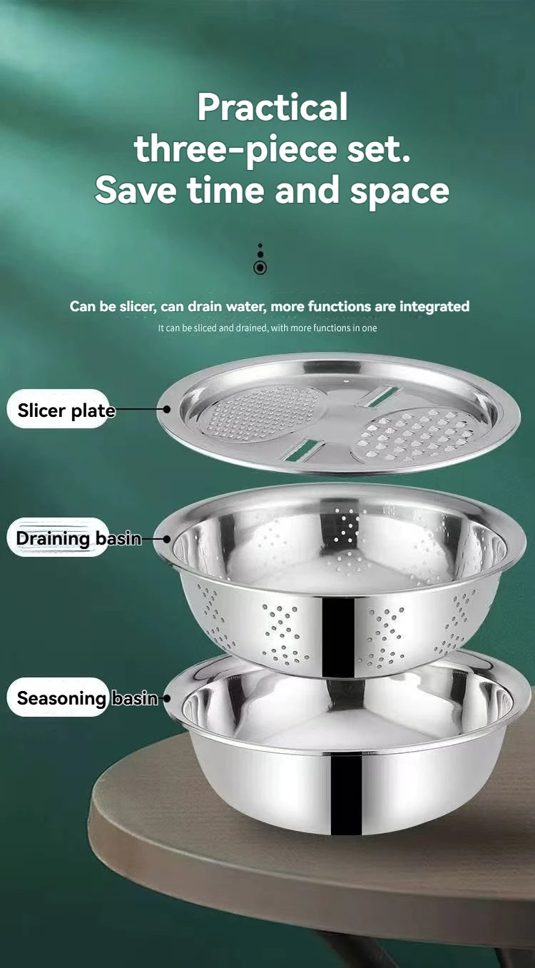 3PCS/1Set Vegetable Slicer, Stainless Steel Slicer, Potato Slicer, Vegetable Washing Basin, Drain Basket, Multifunctional