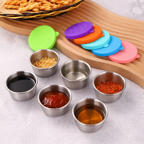 1 stainless steel dipping sauce cup, seasoning dish with leak-proof silicone lid, reusable salad dressing food container