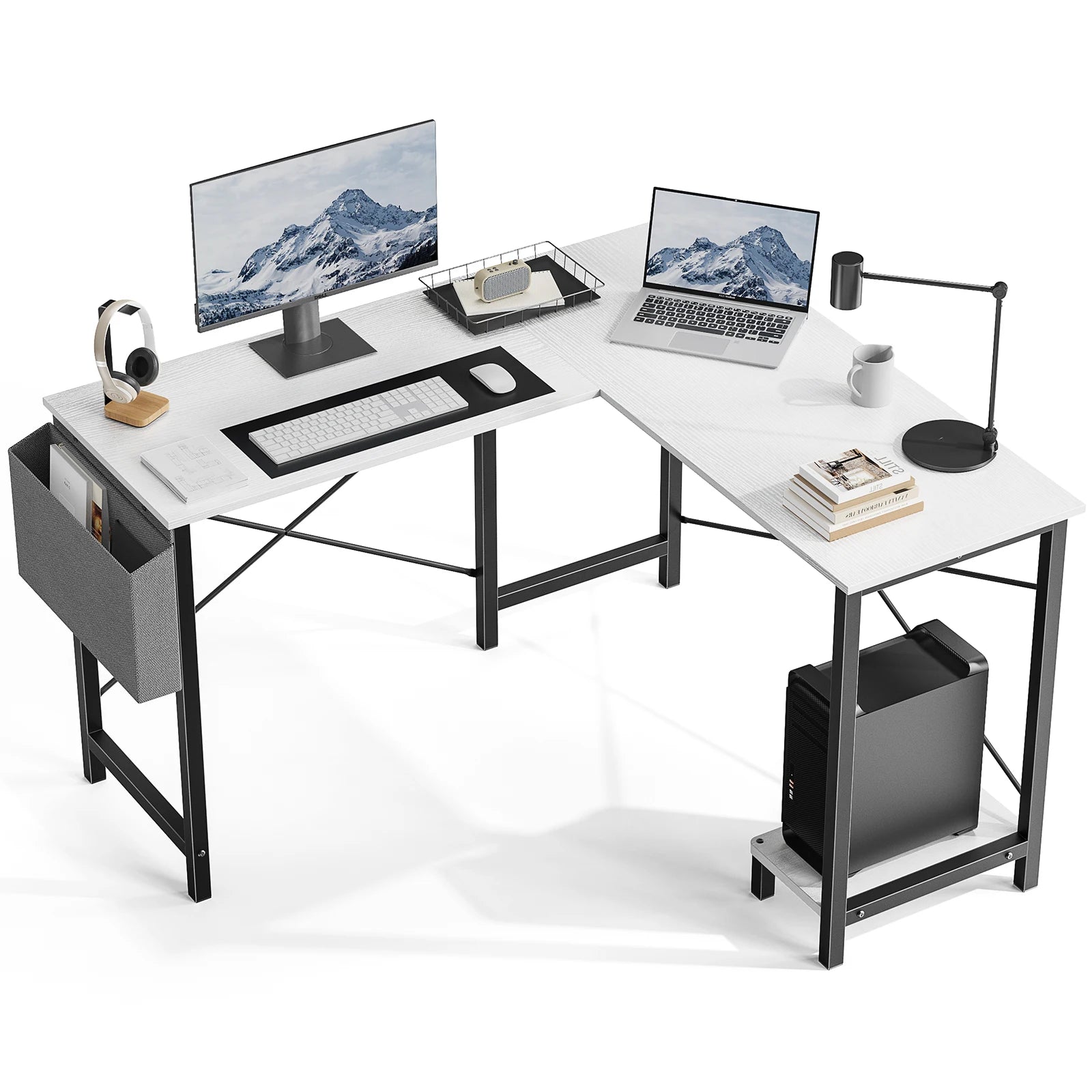 JHK Gaming Corner 50 Inch Office Writing PC Wooden Table with CPU Storage Shelf & Side Bag for Home Office Bedroom Small Space