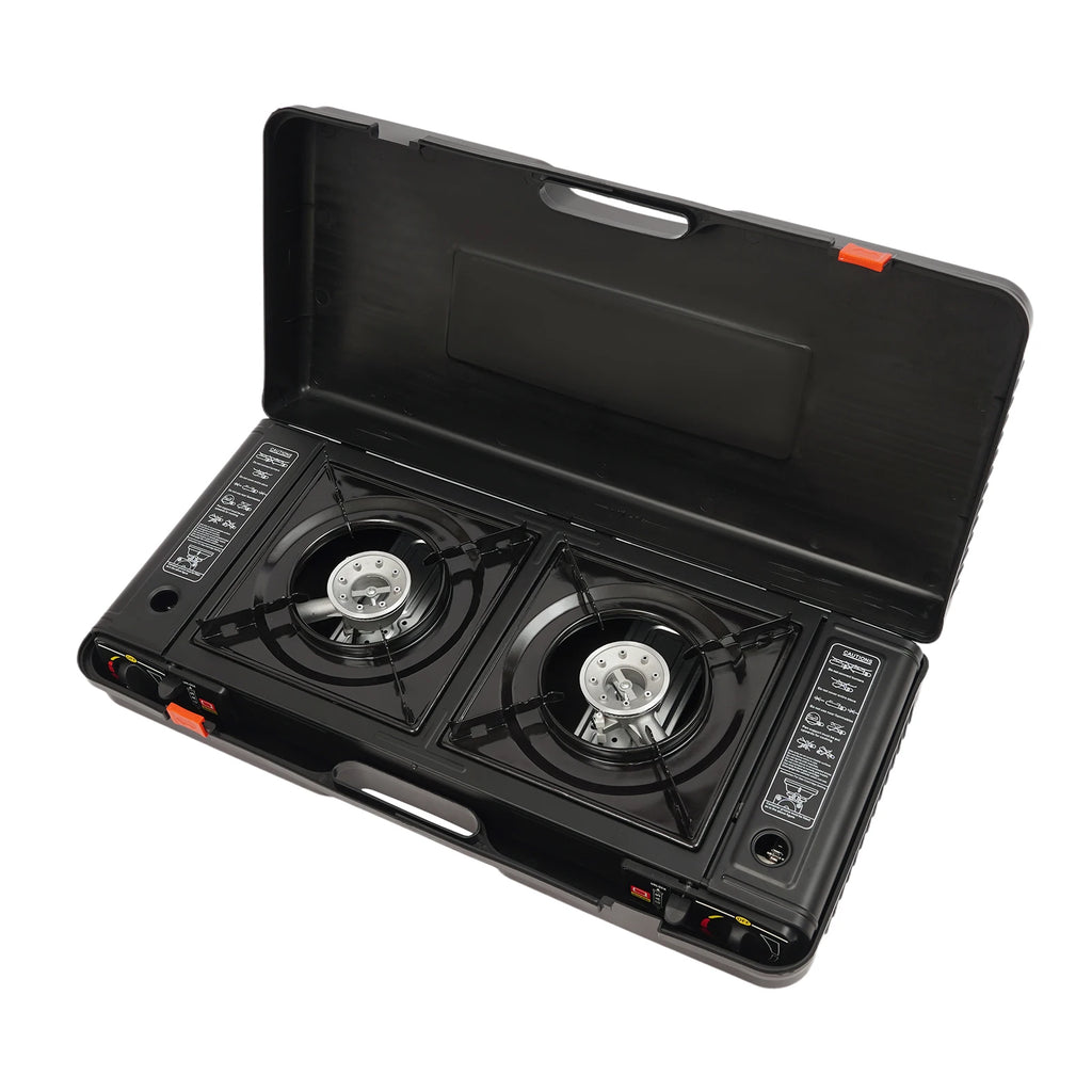 2 Burners Portable Camping Stove, 2.5KW Auto Ignition Butane/LPG Gas Stove w/Baking Tray+Carrying Case for RV Outdoor Picnic BBQ