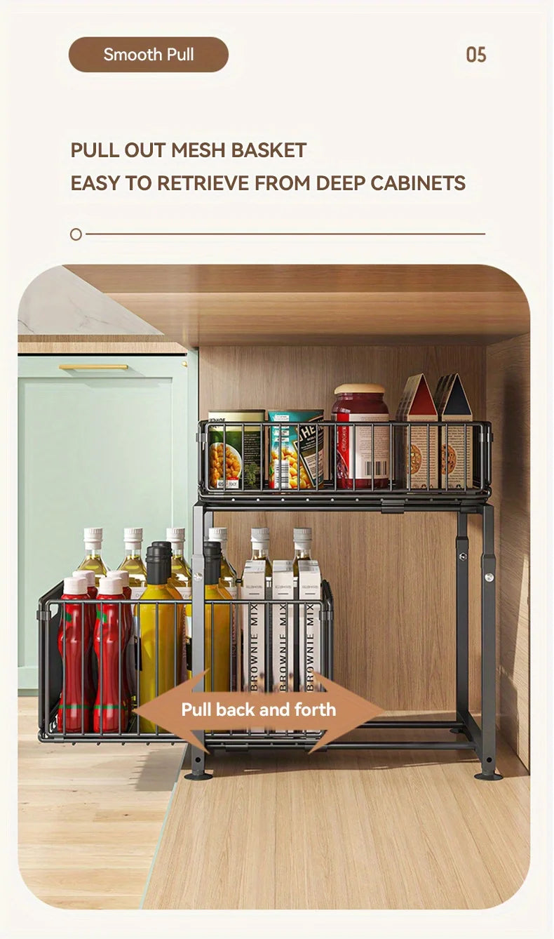2 Tier Slide Out Cabinet Organizer Heavy Duty, Under Sink Storage Shelf for Kitchen Bathroom, Adjustable Metal Shelf 1/2 Pack