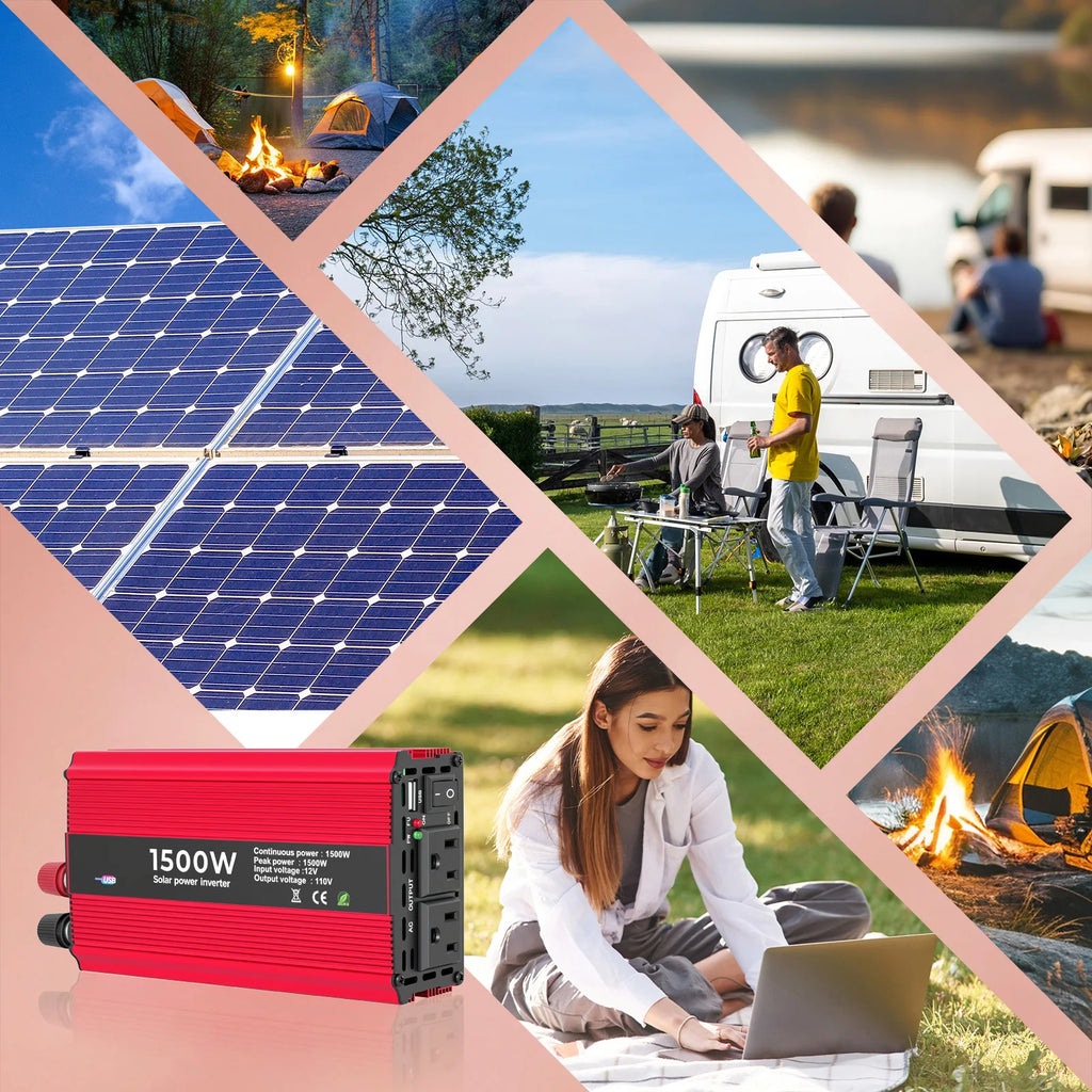Portable Power Inverter 50Hz Nominal 1500W DC 12V to AC 110V with Dual Sockets for Car Outdoor Use Modified Sine Wave