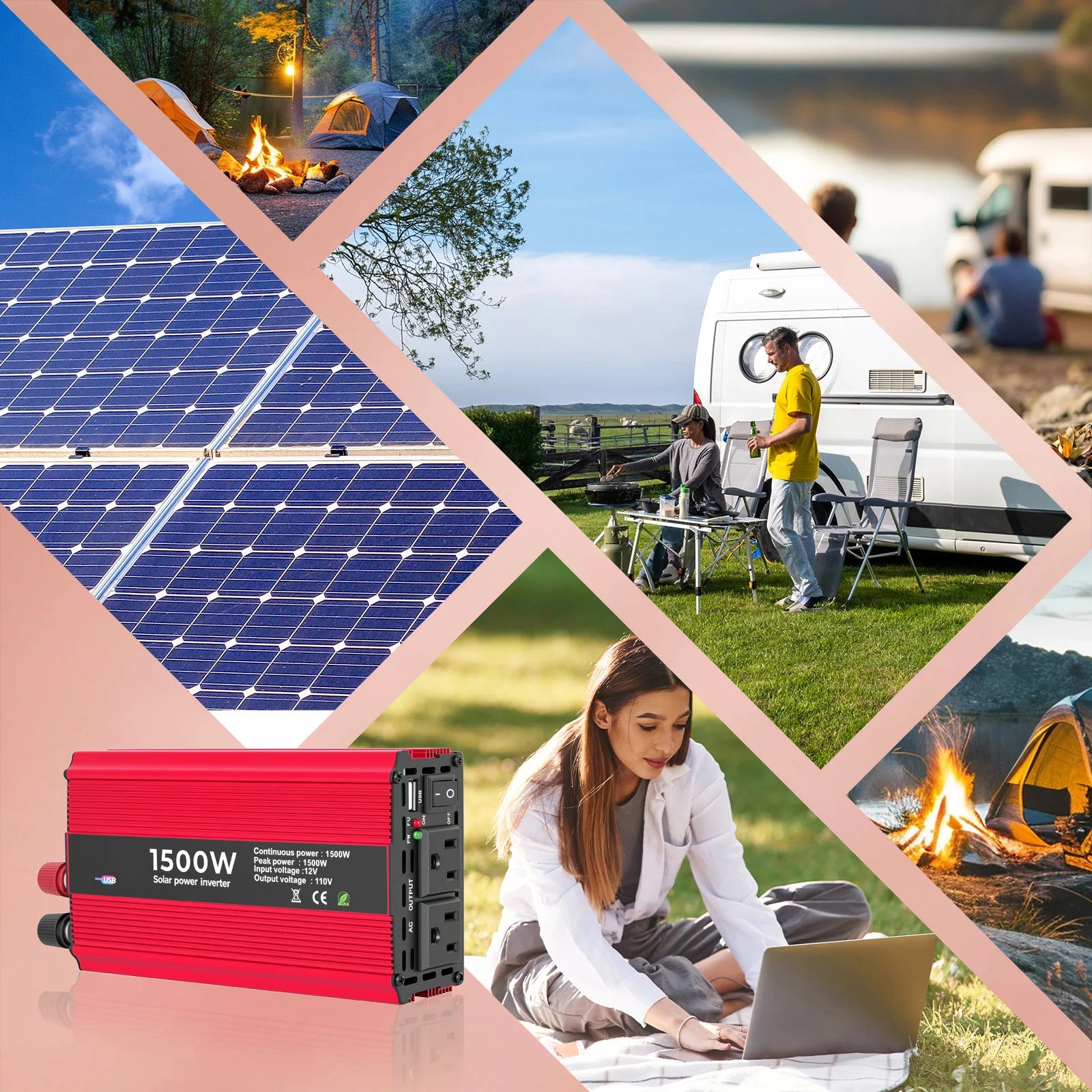 Portable Power Inverter 50Hz Nominal 1500W DC 12V to AC 110V with Dual Sockets for Car Outdoor Use Modified Sine Wave