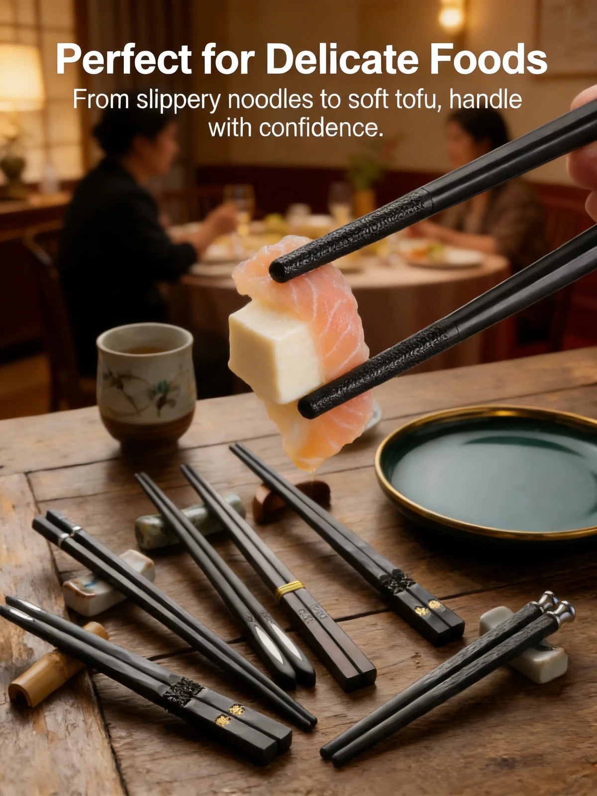 Black Alloy Chopsticks 5-Piece Set, Reusable Durable Kitchen Tableware