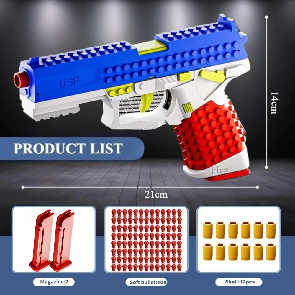 SIG17/USP Building Block Toy Gun Shell Throwing Continuous Firing Airsoft Blowback Empty Hanging Toy Pistol for Outdoor CS Game