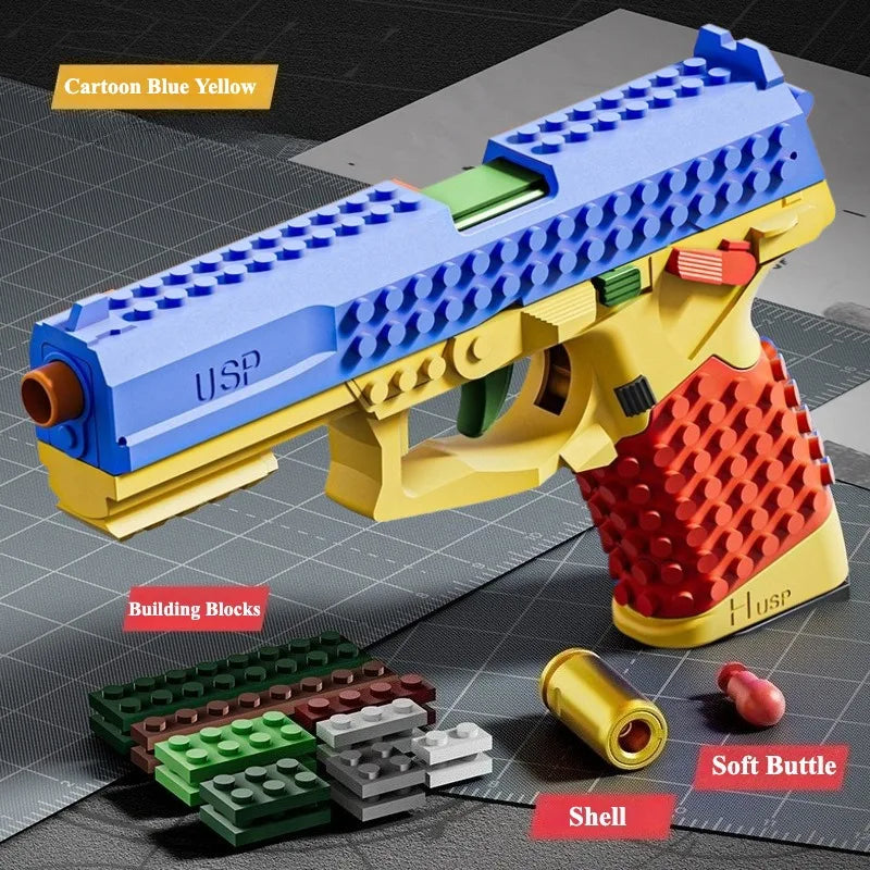 SIG17/USP Building Block Toy Gun Shell Throwing Continuous Firing Airsoft Blowback Empty Hanging Toy Pistol for Outdoor CS Game