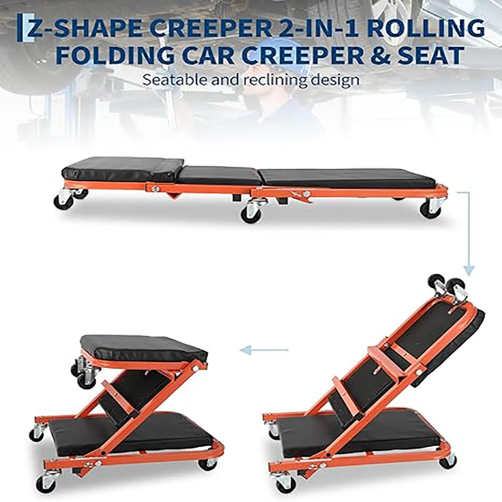 2-in-1 Foldable Garage Creeper Shop Seat, 300LBS Capacity Automotive Mechanic Repair Under Car Rolling Creeper Seat