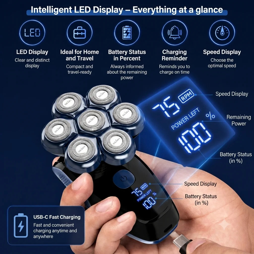 Head Shavers for Bald Men 7D Floating 5-in-1 Upgraded Electric Shaver, IPX7 Waterproof (Wet/Dry Use), LED Display & Type-C Fast Charging; Ideal Gift for Father, Boyfriend, or Husband