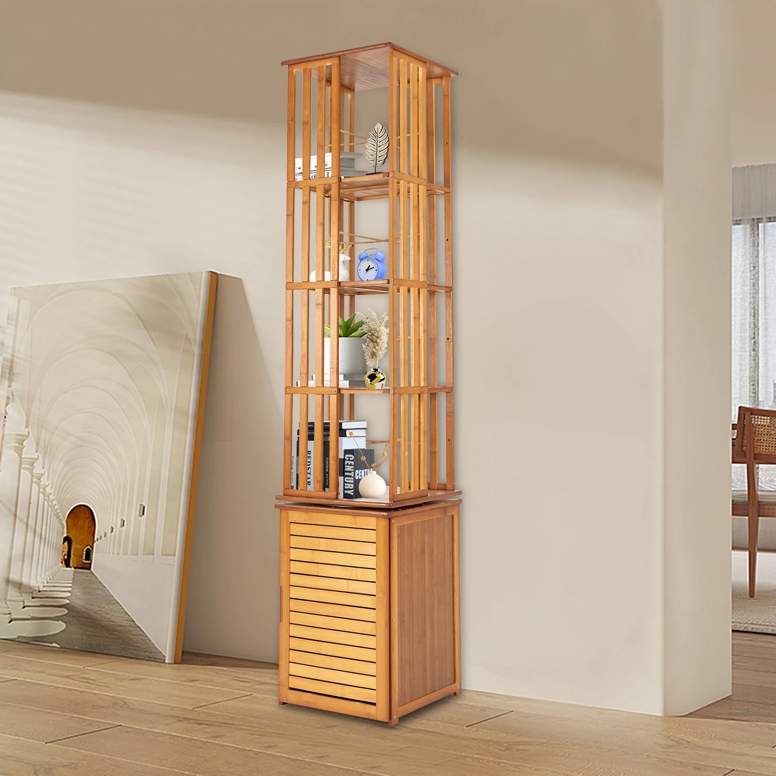 6-Tier Corner Bamboo Book Shelf Waterproof 360° Rotating Storage Display Rack Floor Standing Bookcase Shutter Door Design for Living Room Study Room Office,37*37*172cm