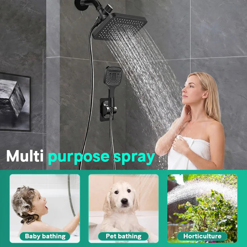 Matte Black Dual Shower Head System,11 Inch Rain Shower Head with 180° Adjustable Extension Arm,3‑Modes Anti‑Low‑Pressure Handheld Shower with Sand Filter,No Drill Adhesive Bracket Complete Bathroom Shower Kit for ever
