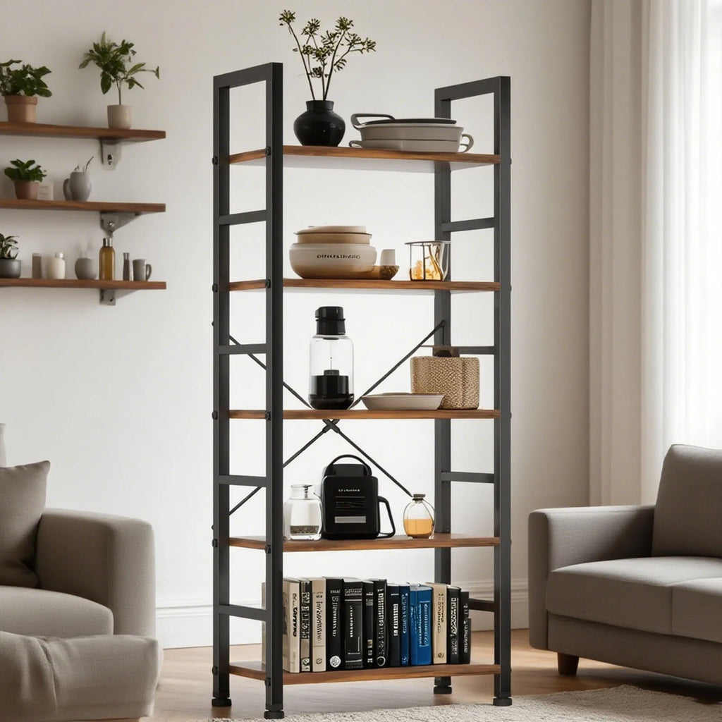 Book Shelf, 5 Tier/6 Tier/ Bookcase, Modern Tall Bookshelf Corner Storage Organizer for Garage Kit, CDs, Movies Suitable Home Of