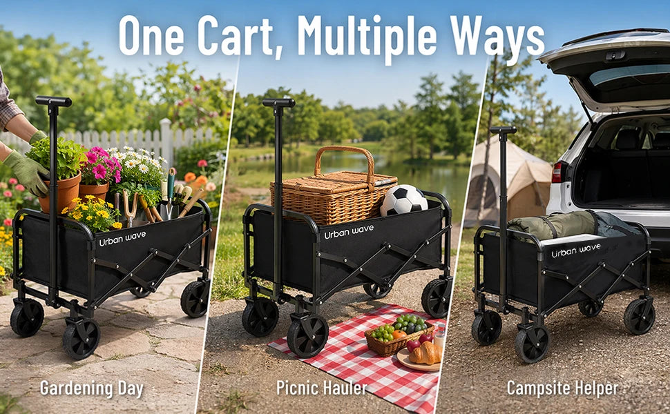 Collapsible Wagon with Wheels, 220 lbs Wagons CartsFoldable Wagon Cart with Flexible Handle, LightweightPortable Folding Utility Grocery Shopping Cart for GrocerySports Garden Camping