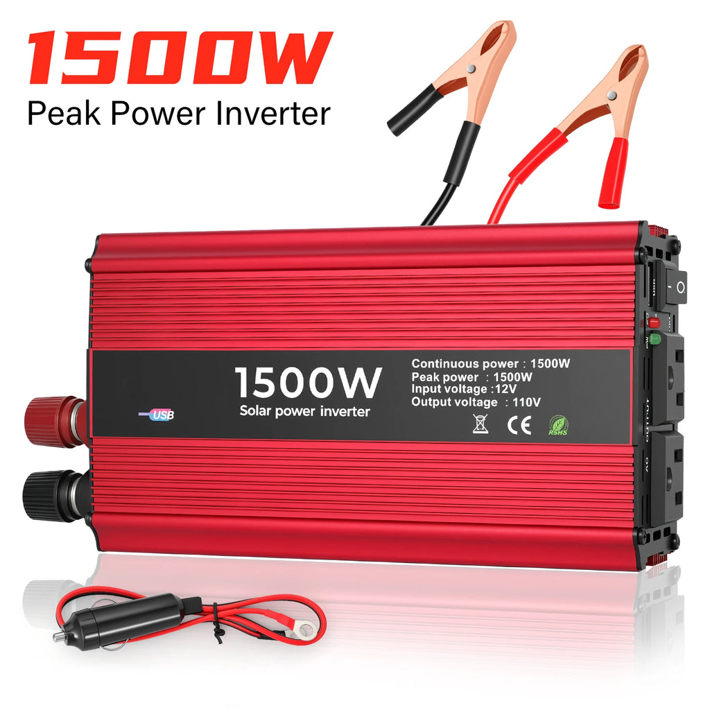 Portable Power Inverter 50Hz Nominal 1500W DC 12V to AC 110V with Dual Sockets for Car Outdoor Use Modified Sine Wave