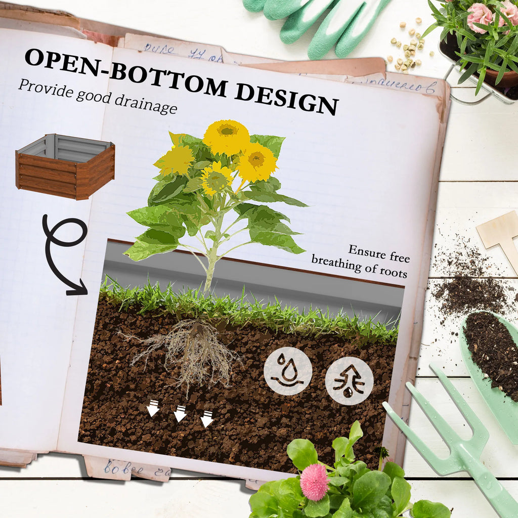 Galvanised Raised Garden Bed with Tomato Cage, Open Bottom, Brown