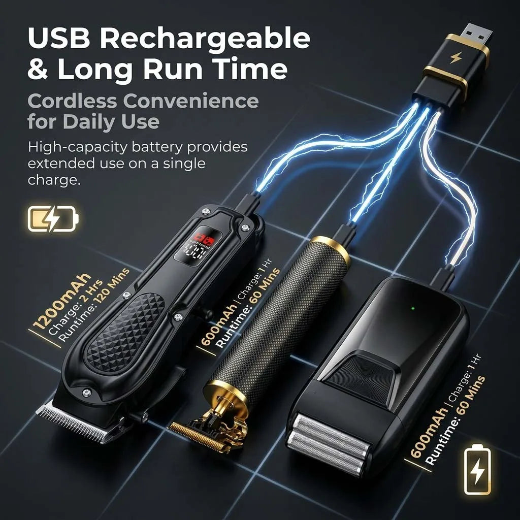 Professional 3-in-1 Electric Hair Clipper Set with LED Display, USB Rechargeable Cordless Trimmer for Men, Beard & Head Shaver Kit with Multiple Guide Combs