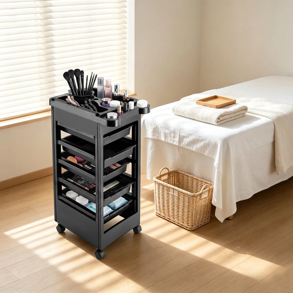 Salon Trolley Cart with Wheels and 5 Drawers, Multipurpose Beauty Cart, Hairdressing Rolling Cart for Barbershop Beauty Spa, Black