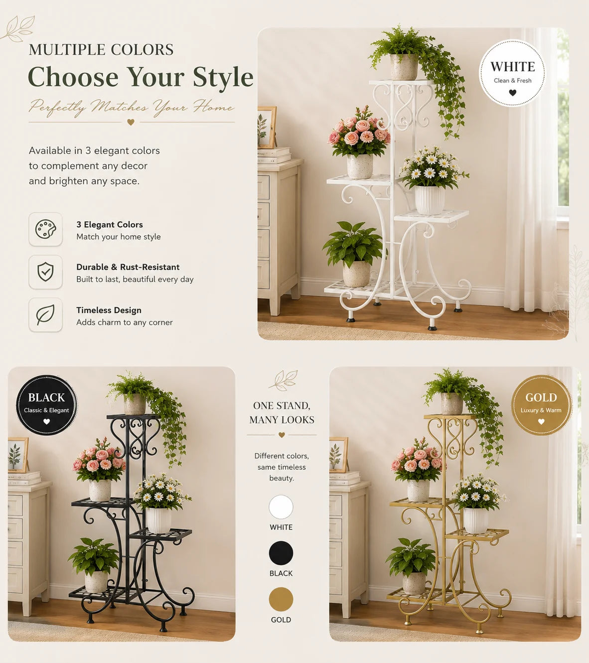 4 Tier Corner Plant Stand Metal Flower Pot Shelf Indoor Outdoor Plant Rack Space Saving Vertical Plant Shelf for Living Room Balcony Patio Garden