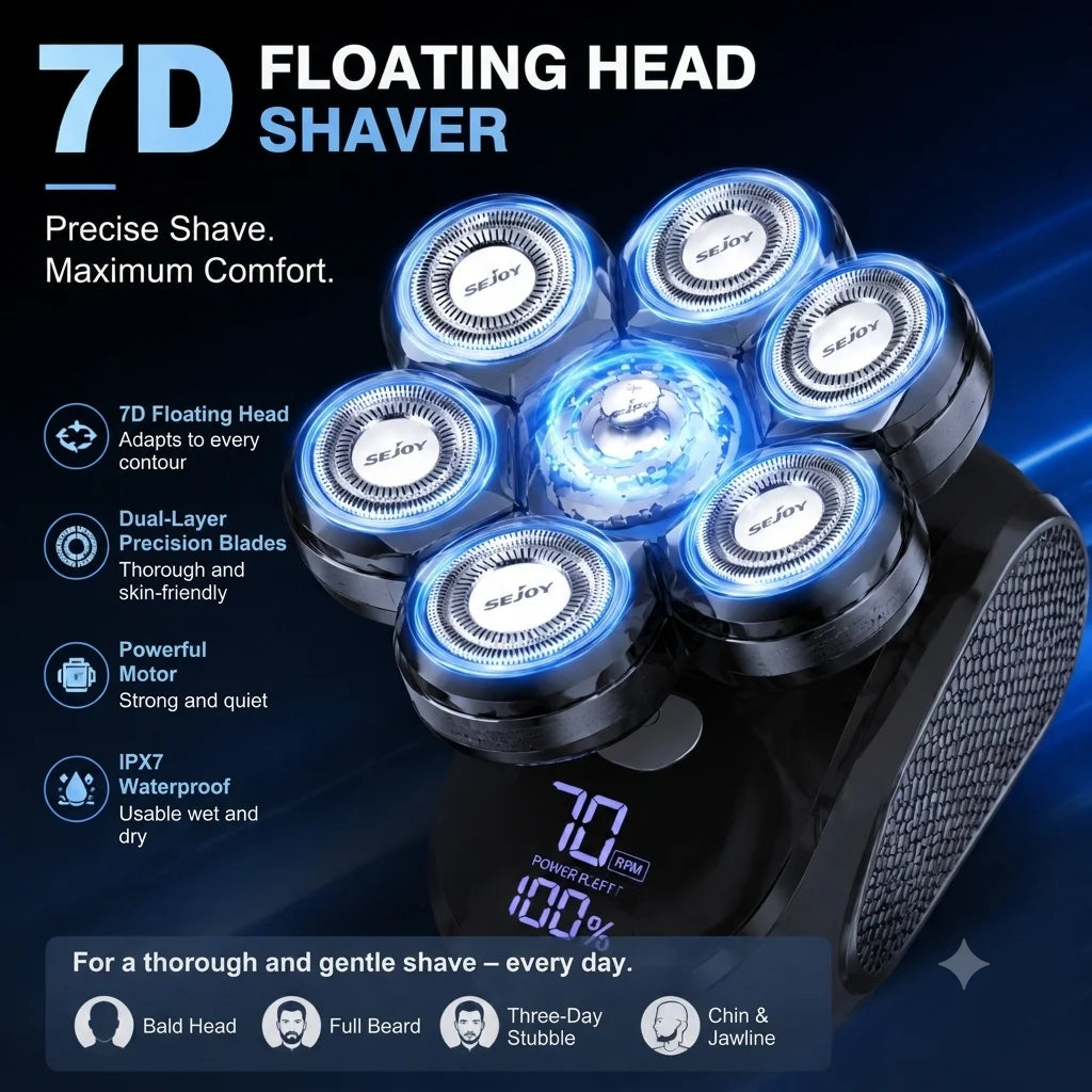 Head Shavers for Bald Men 7D Floating 5-in-1 Upgraded Electric Shaver, IPX7 Waterproof (Wet/Dry Use), LED Display & Type-C Fast Charging; Ideal Gift for Father, Boyfriend, or Husband