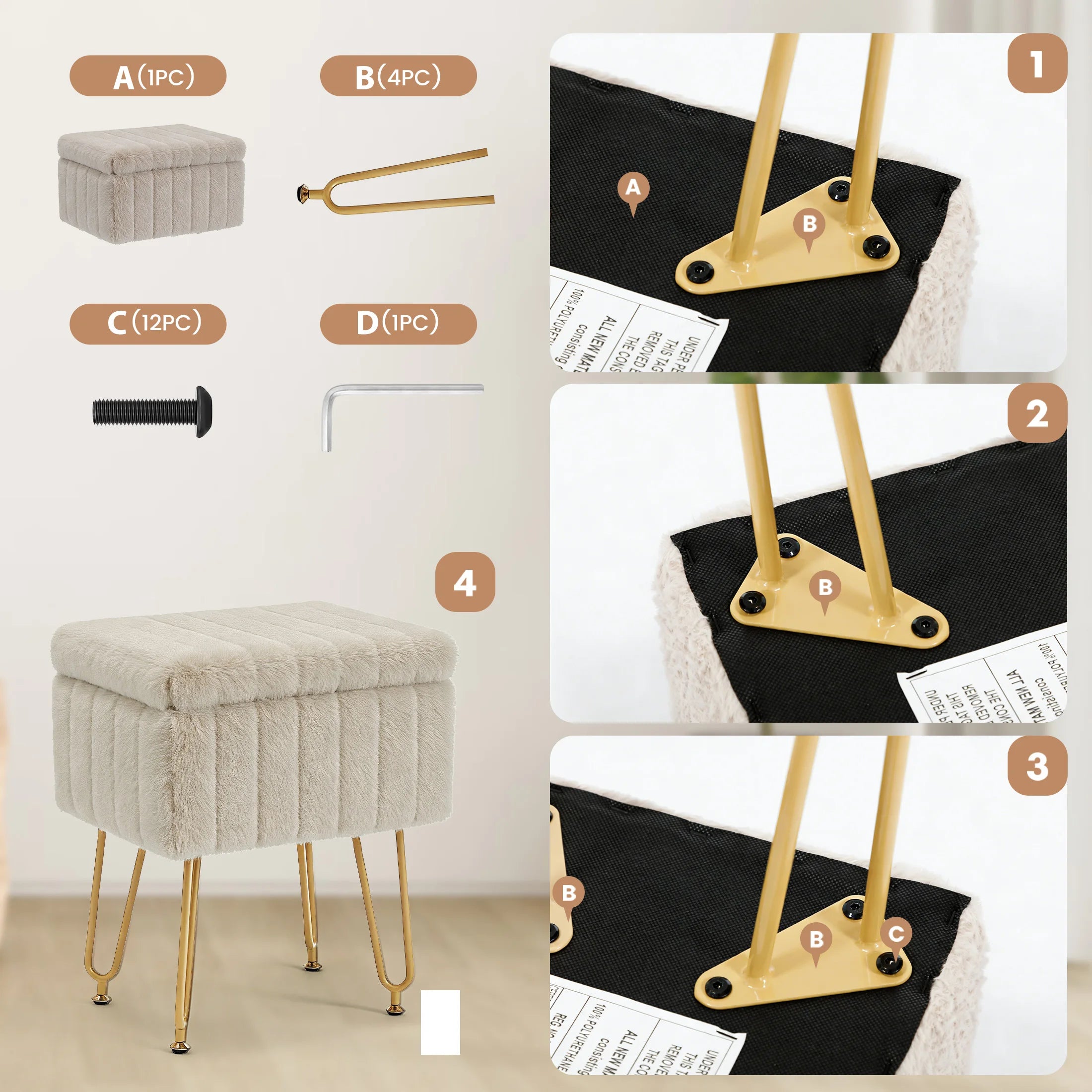 JHK Ottoman Faux Fur Vanity Stool Chair with Storage Padded Makeup with 4 Metal Legs Anti-Slip Adjustable Feet Living Room Hidden Storage Stools for Home Entryway