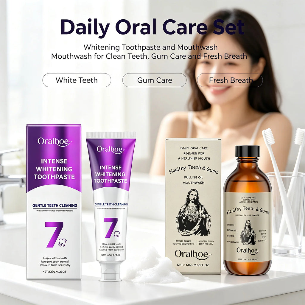 Oralhoe BrighteningToothpaste & Pulling Oil Mouthwash Set Stain Removal Fresh Breath Enamel Care Deep Clean for Daily Oral Care