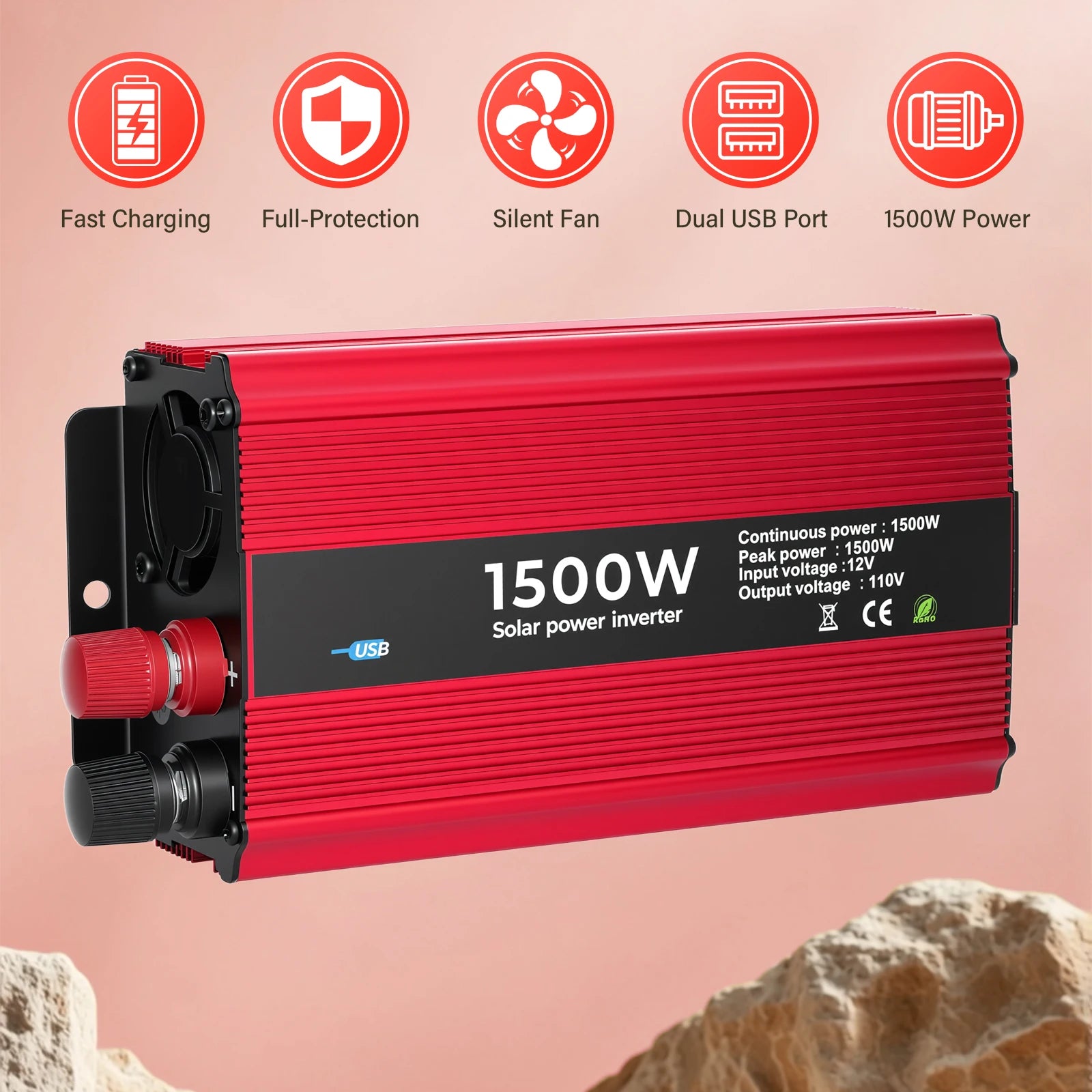 Portable Power Inverter 50Hz Nominal 1500W DC 12V to AC 110V with Dual Sockets for Car Outdoor Use Modified Sine Wave