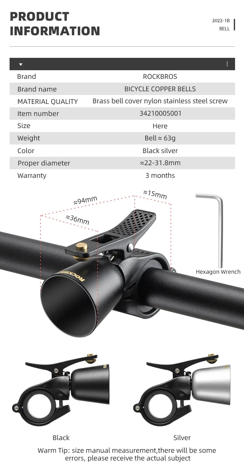 ROCKBROS Local Shipping Bicycle Bell MTB 100db Alloy  Bike Ring Copper Horn Warning Safe Crisp Cycling Bells Accessorie