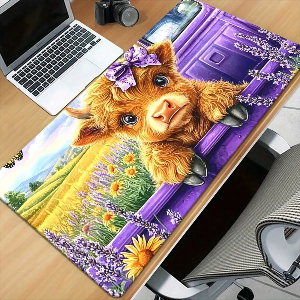 1pc Of Adorable Purple Highland Cattle Mousepad - A Large Desk Mat Featuring A Charming Cow And Lavender Field, Equipped With A Non-Slip Rubber Base, A Smooth Surface, And Built To Last For Office Use, Pcs, Laptops, Keyboards