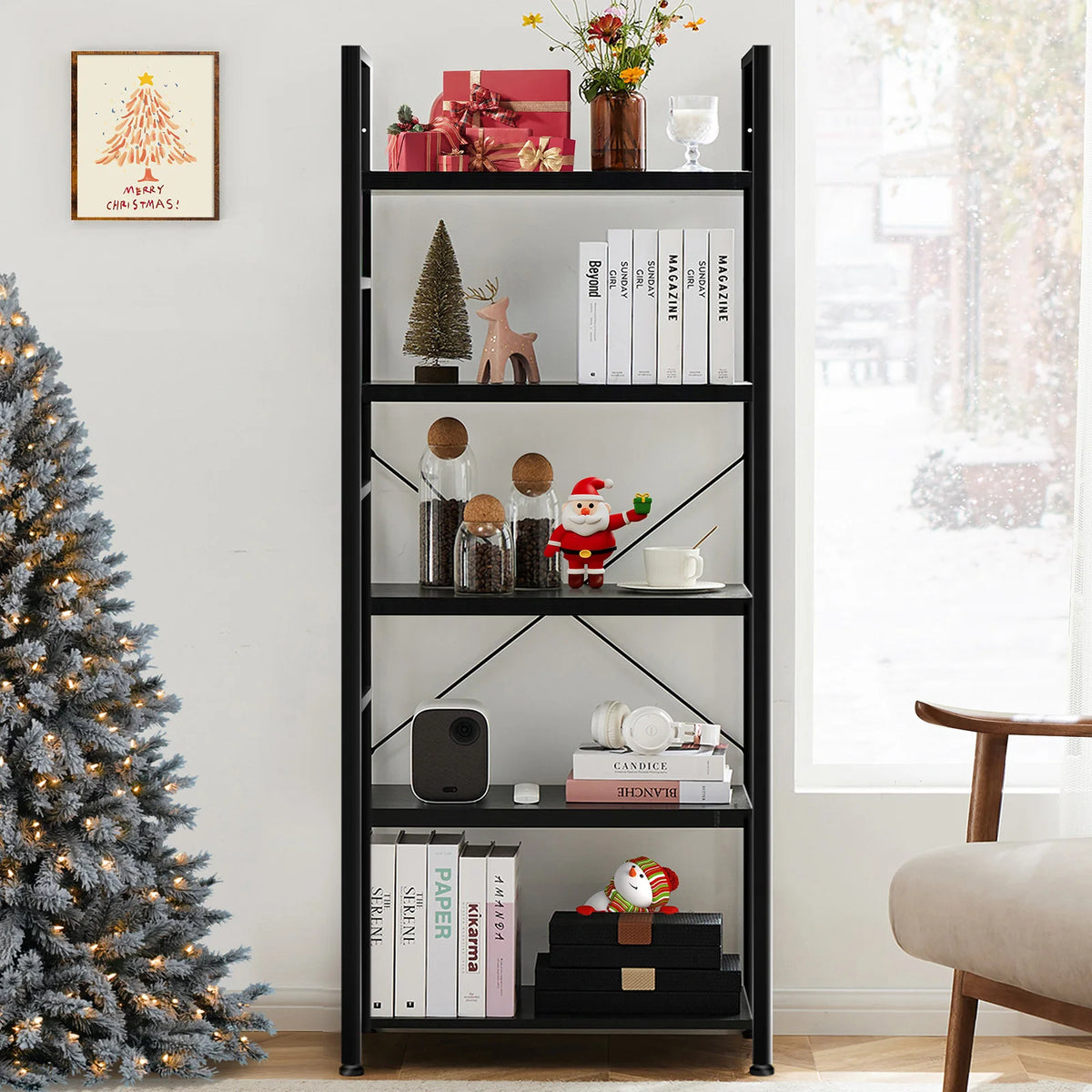MCQ Wooden Storage Standing 5 Tiers Display Bookshelf Sturdy Structure Graduated Shelves Adjustable Feet for Living Room