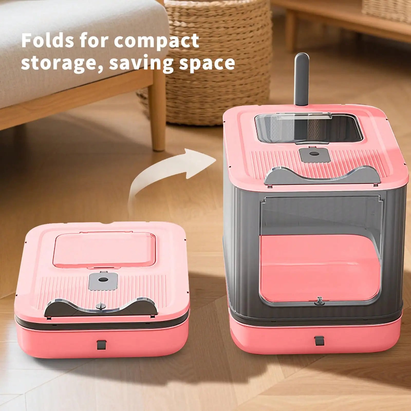 Foldable Cat Litter Box, Fully Enclosed Litter Box With Lid, Covered Kitty Kitten Litter Boxes Enclosure With Scoop, Odor Control, Easy To Clean, 3 Modes For Cat Up To 12 Lbs(White&Pink)