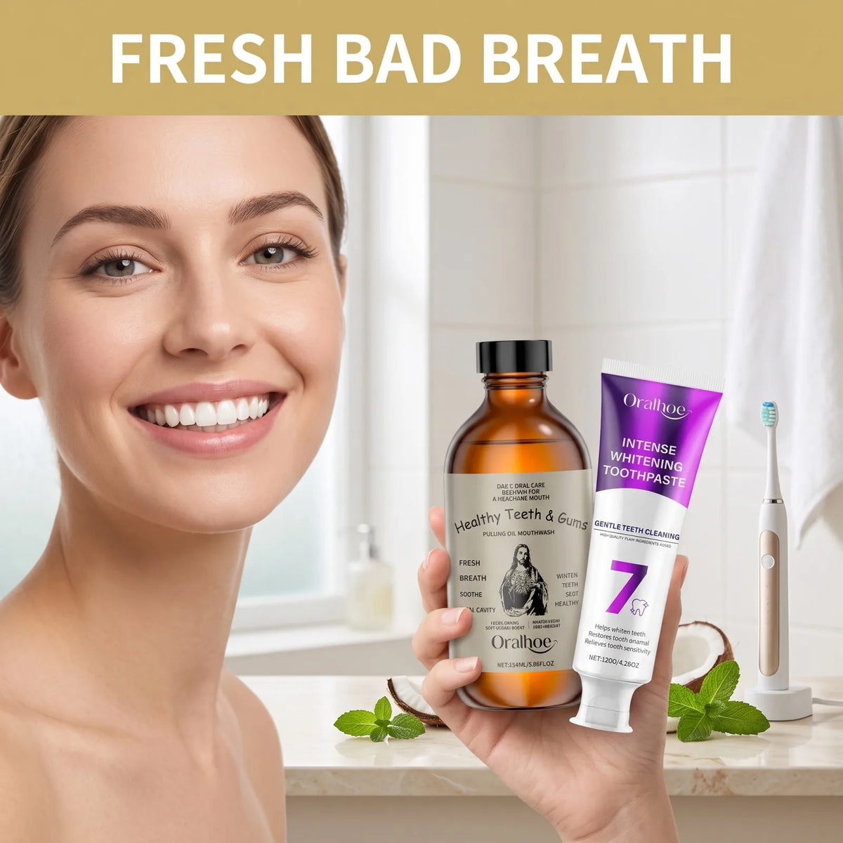 Oralhoe BrighteningToothpaste & Pulling Oil Mouthwash Set Stain Removal Fresh Breath Enamel Care Deep Clean for Daily Oral Care