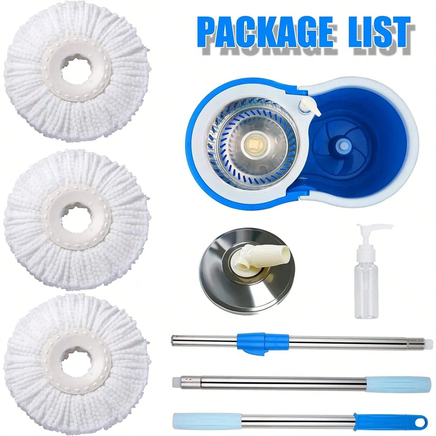 Spin Mop Bucket Set with Soap Dispenser 360°Rotating 2 Microfiber Heads 61" Adjustable Stainless Steel Handle 20QT Floor Cleaner