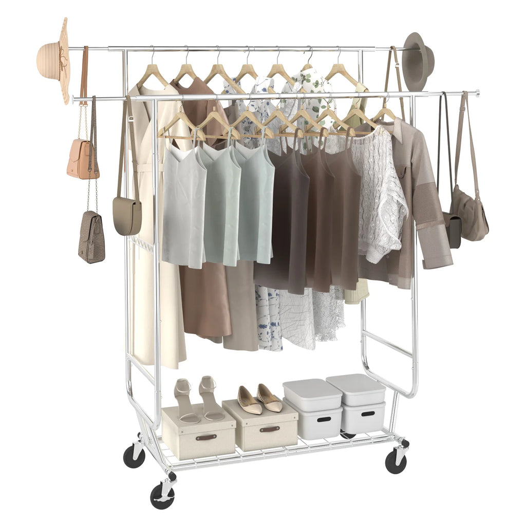VEVOR Clothing Garment Rack Heavy Duty Clothes Rack Adjustable Length Clothes Rack w/ Bottom Shelf & Wheels for Laundry Room