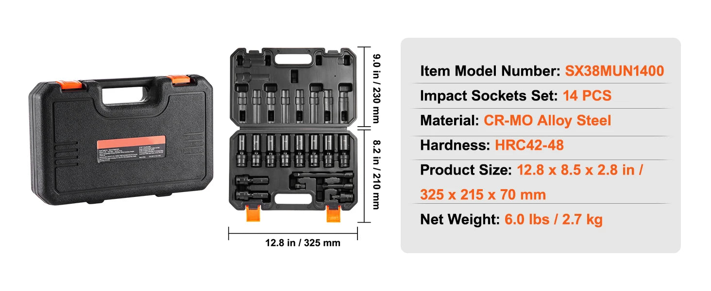 SucceBuy 360 Degree Swivel Impact Socket Set 3/8" Socket Set Deep Universal Metric 10-19mm 6 Point Cr-Mo Alloy Steel for Repair