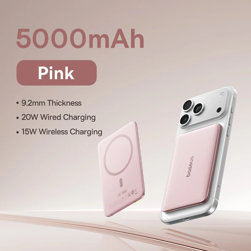 Baseus 5000mAh Magnetic Power Bank 15W PD 20W Wired Charging Thin Card-Sized Slim Portable Powerbank for iPhone 17 Samsung